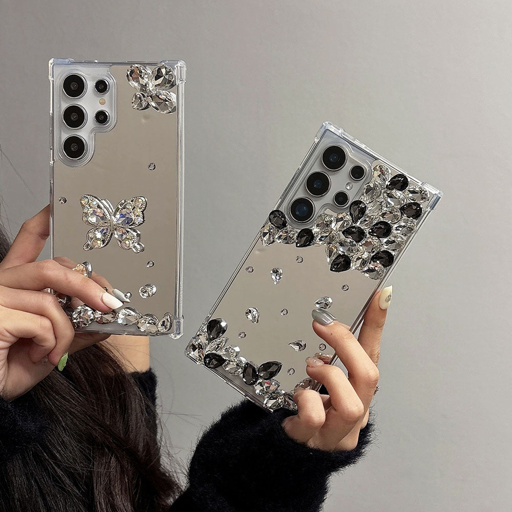 Simple Mirrored Rhinestone-Embellished Drop-Proof Phone Case For Samsung Galaxy