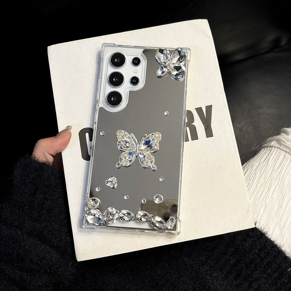 Simple Mirrored Rhinestone-Embellished Drop-Proof Phone Case For Samsung Galaxy