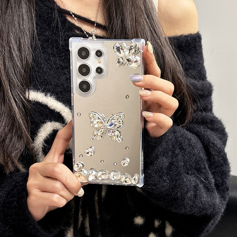 Simple Mirrored Rhinestone-Embellished Drop-Proof Phone Case For Samsung Galaxy