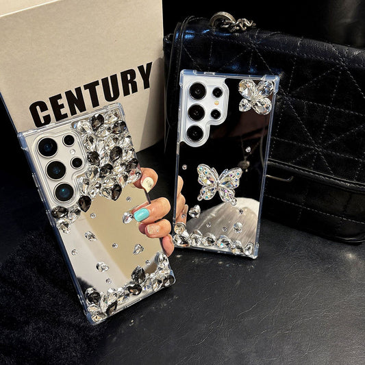 Simple Mirrored Rhinestone-Embellished Drop-Proof Phone Case For Samsung Galaxy