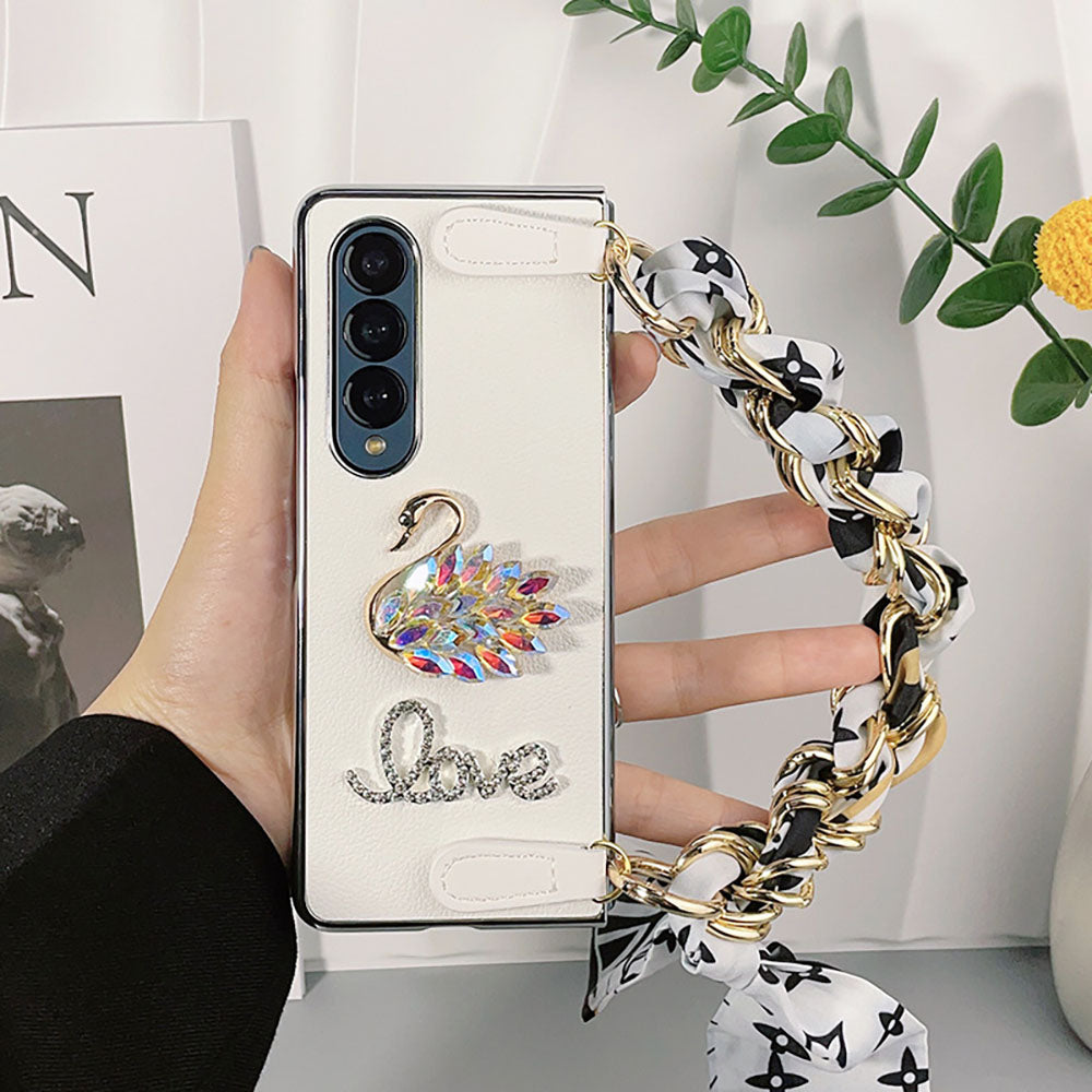 Luxurious Leather Rhinestone Swan Phone Case For Samsung Galaxy Z Fold4 5G