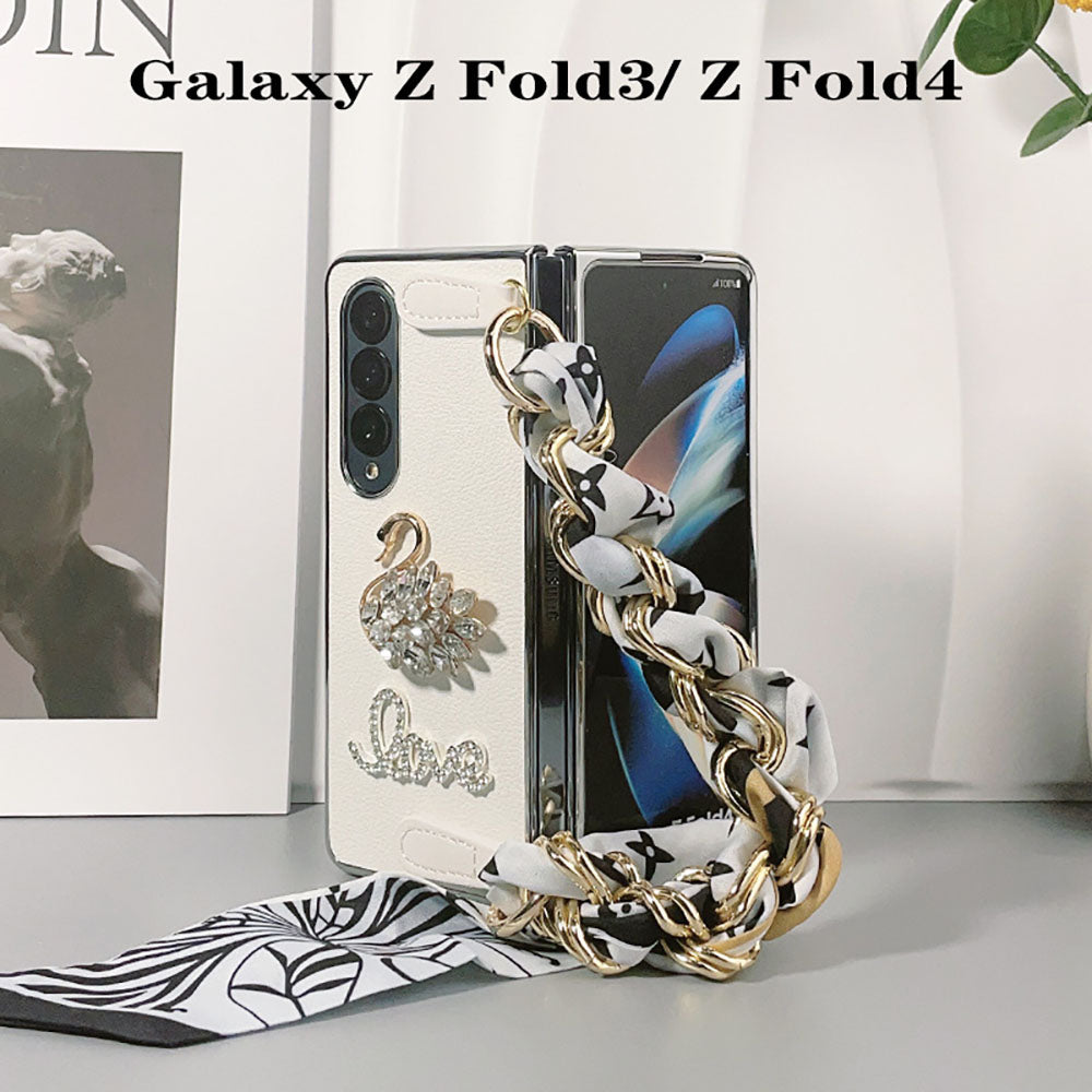 Luxurious Leather Rhinestone Swan Phone Case For Samsung Galaxy Z Fold4 5G