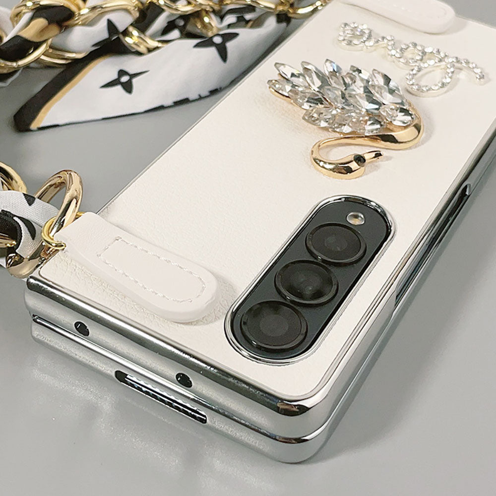 Luxurious Leather Rhinestone Swan Phone Case For Samsung Galaxy Z Fold4 5G