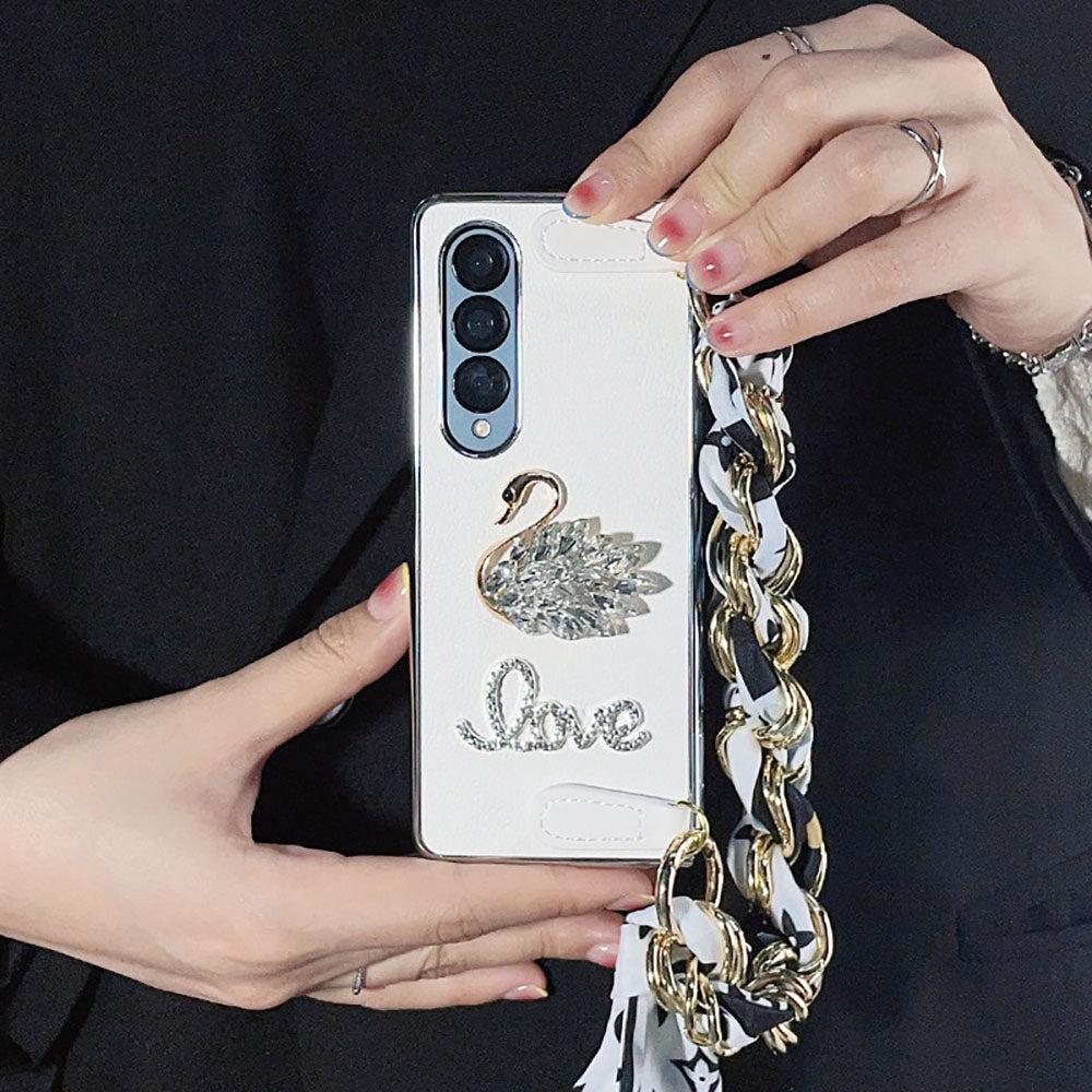 Luxurious Leather Rhinestone Swan Phone Case For Samsung Galaxy Z Fold4 5G