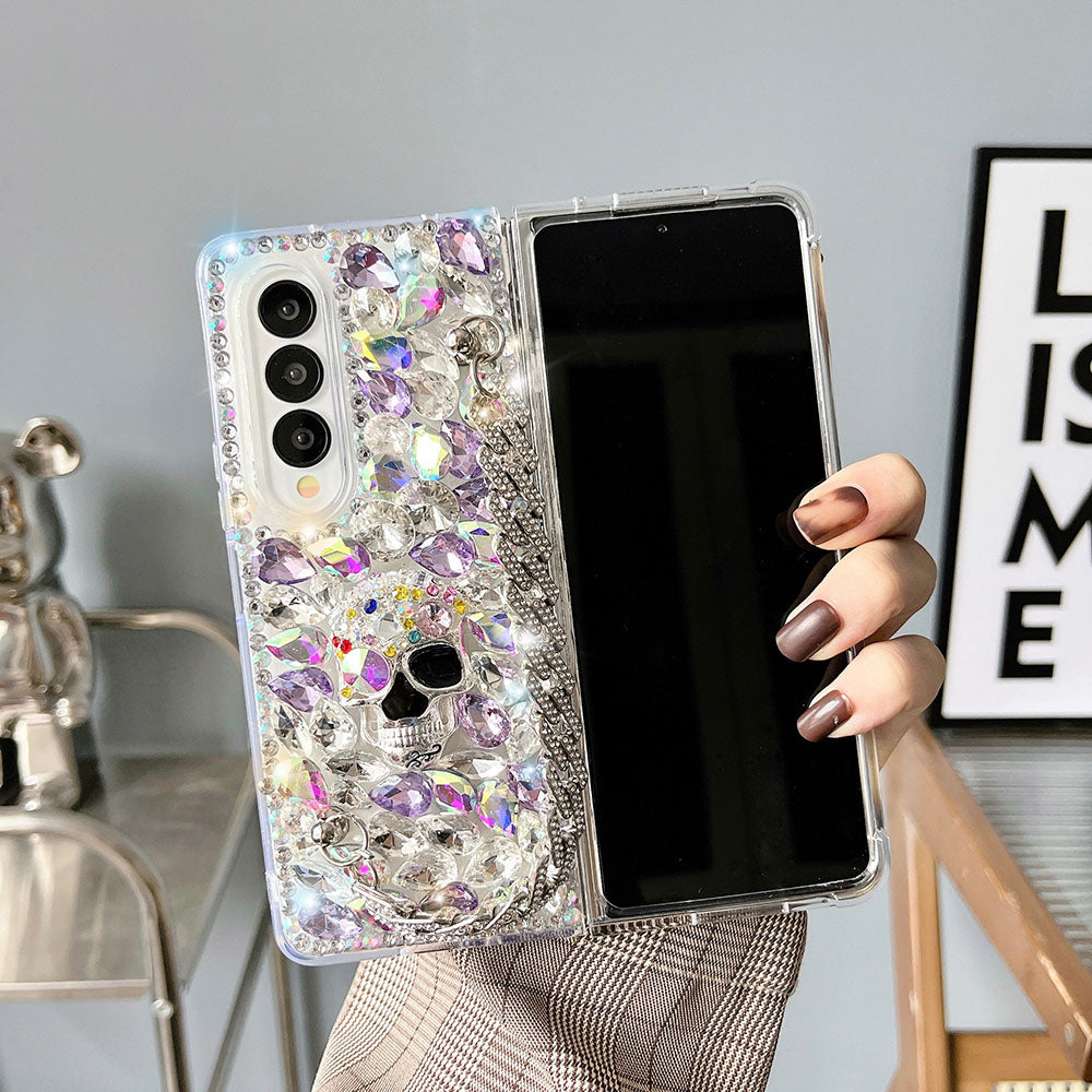 Luxurious Rhinestone Pearl Treasure Skull Phone Case For Samsung Galaxy Z Fold3 Fold4 5G