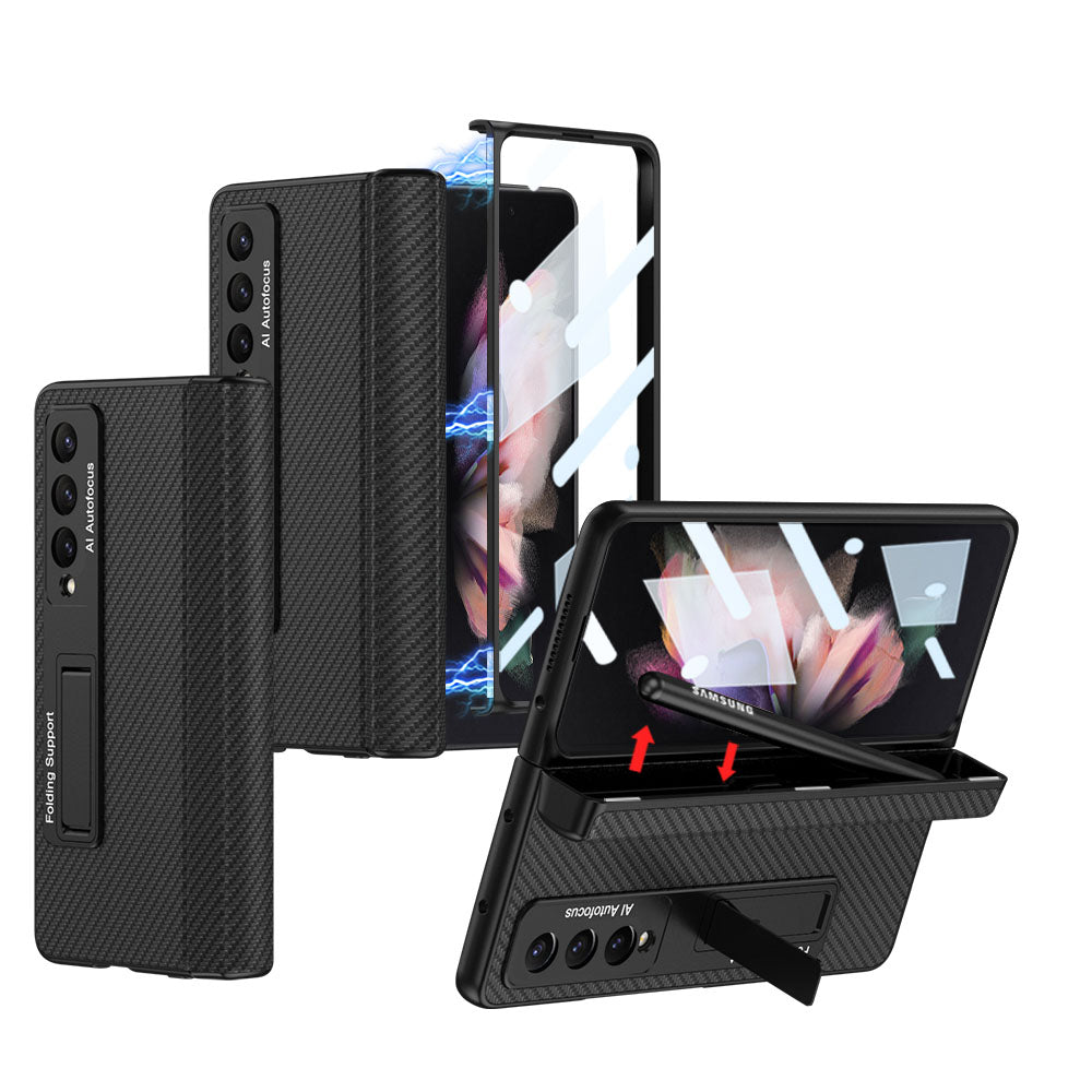 Magnetic Leather Suction Hinge Folding Exclusive Bracket Shell and Film Integrated Pen Box Phone Case For Samsung Galaxy Z Fold3 Fold4 5G