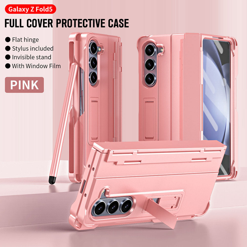 Hinged Shell and Glass Front Film Pen Slot Magnetic Holder Full Cover Phone Case With Free Stylus For Samsung Galaxy Fold5 Fold4 Fold3
