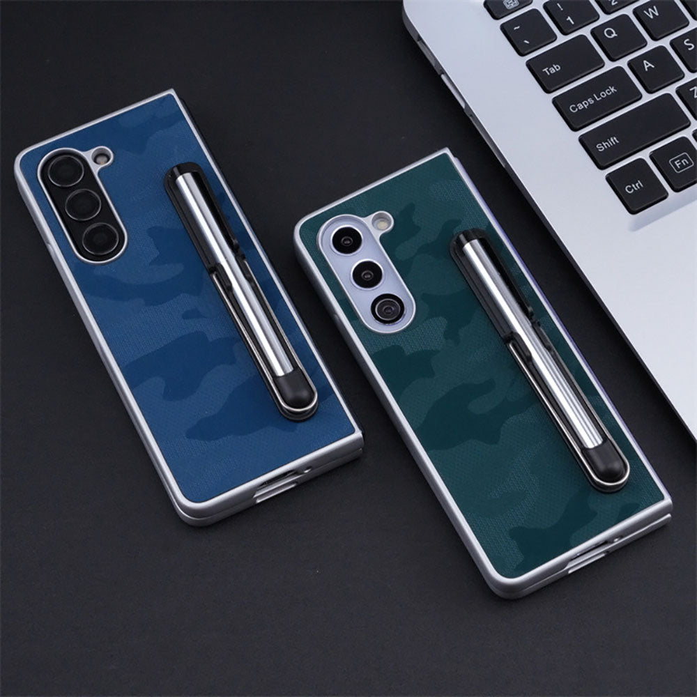 Camouflage Leather Drop-Resistant Phone Case For Samsung Galaxy Z Fold With Stylus & Pen Slot