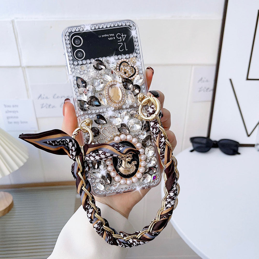 Luxurious Rhinestone Scarf Bracelet Phone Case For Samsung Galaxy Z Flip4 Flip3 5G