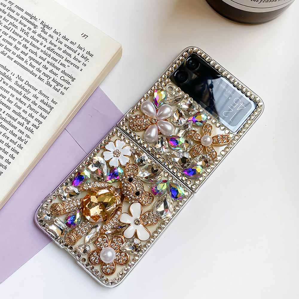 Luxurious Rhinestone Flower Bear Phone Case For Samsung Galaxy Z Flip4 Flip3 5G