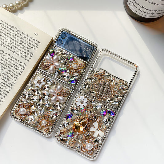 Luxurious Rhinestone Flower Bear Phone Case For Samsung Galaxy Z Flip4 Flip3 5G