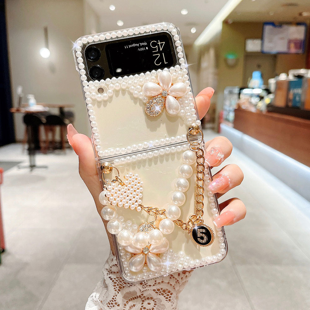 Luxurious Rhinestone Pearl Bracelet Phone Case For Samsung Galaxy Z Flip4 Flip3 5G