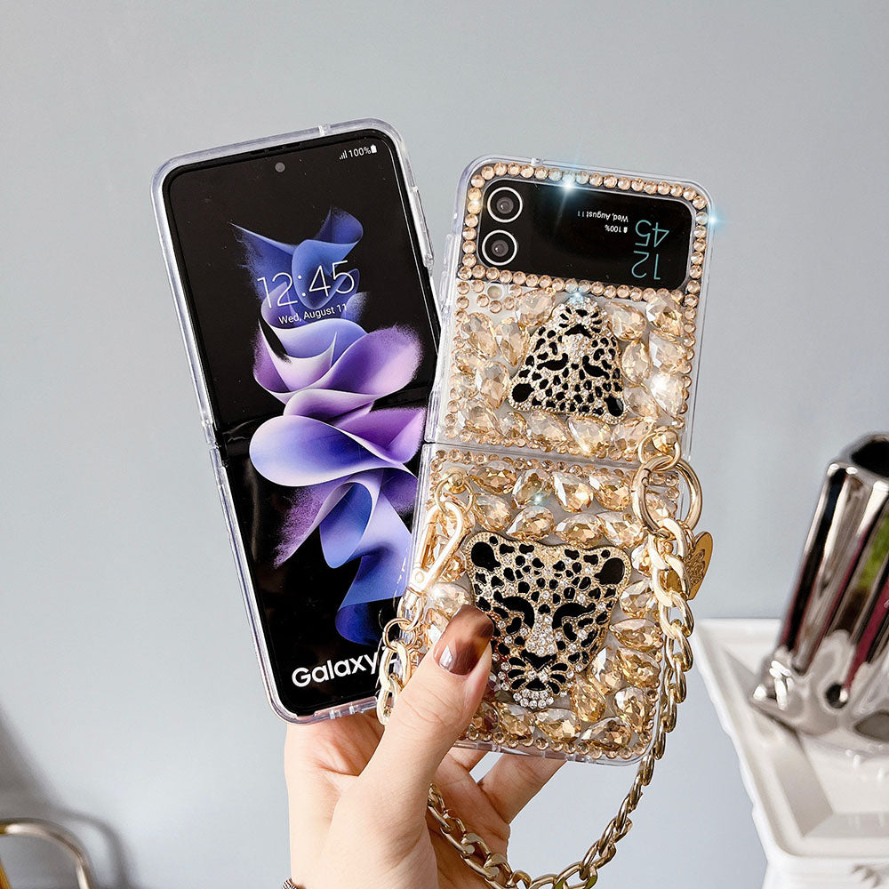 Luxurious Rhinestone Leopard Bracelet Phone Case For Samsung Galaxy Z Flip4 Flip3 5G