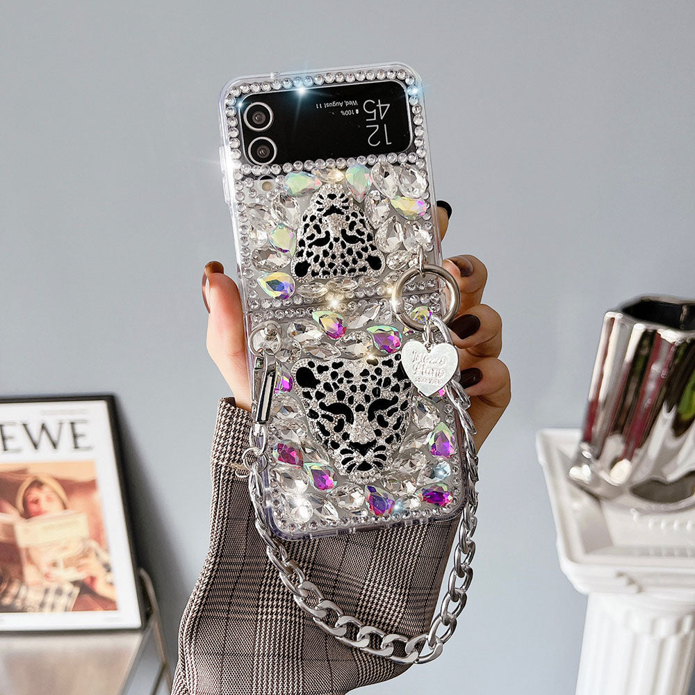 Luxurious Rhinestone Leopard Bracelet Phone Case For Samsung Galaxy Z Flip4 Flip3 5G