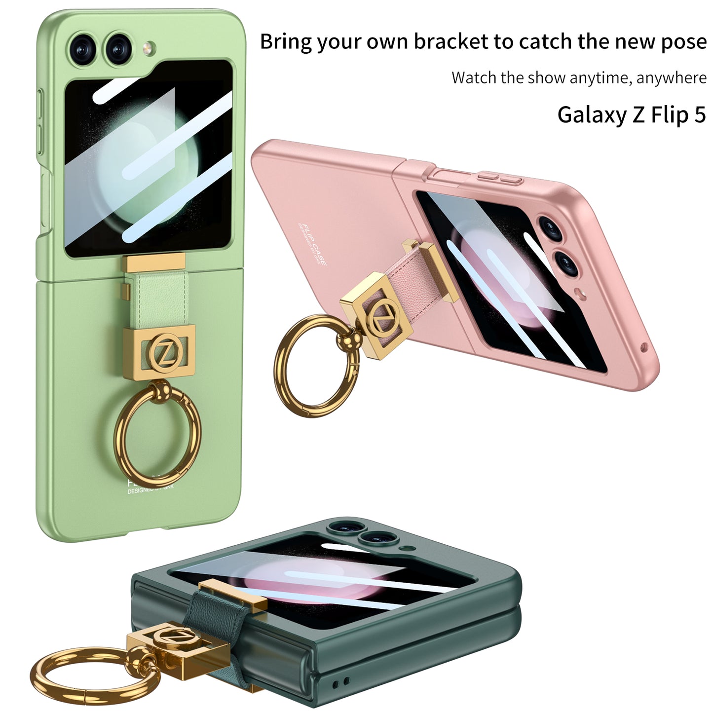 Luxury Z Ring Holder Phone Case With Back Screen Protector For Samsung Galaxy Z Flip5 Flip4 Flip3