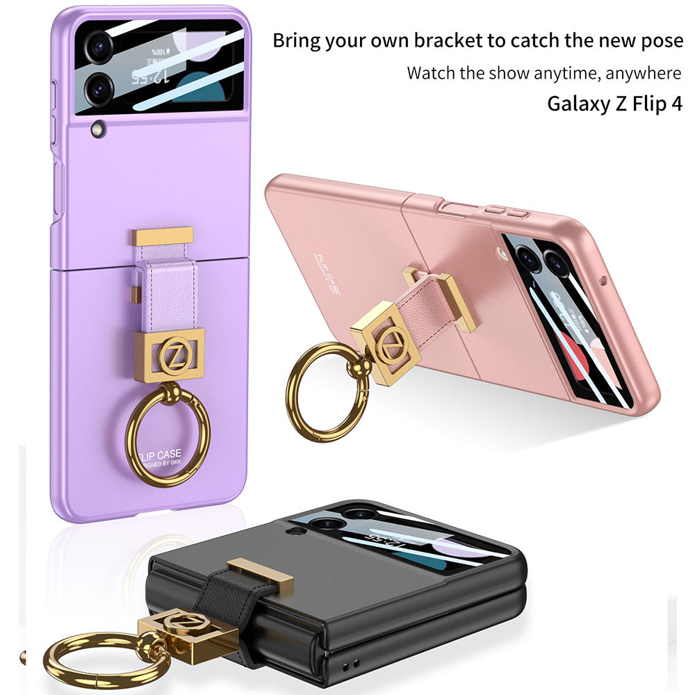 Luxury Z Ring Holder Phone Case With Back Screen Protector For Samsung Galaxy Z Flip5 Flip4 Flip3