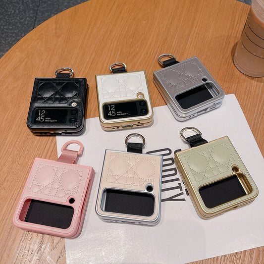 Ring Buckle Folding Screen Rhombus Leather Phone Case For Samsung Galaxy Flip5 Flip4 Flip3