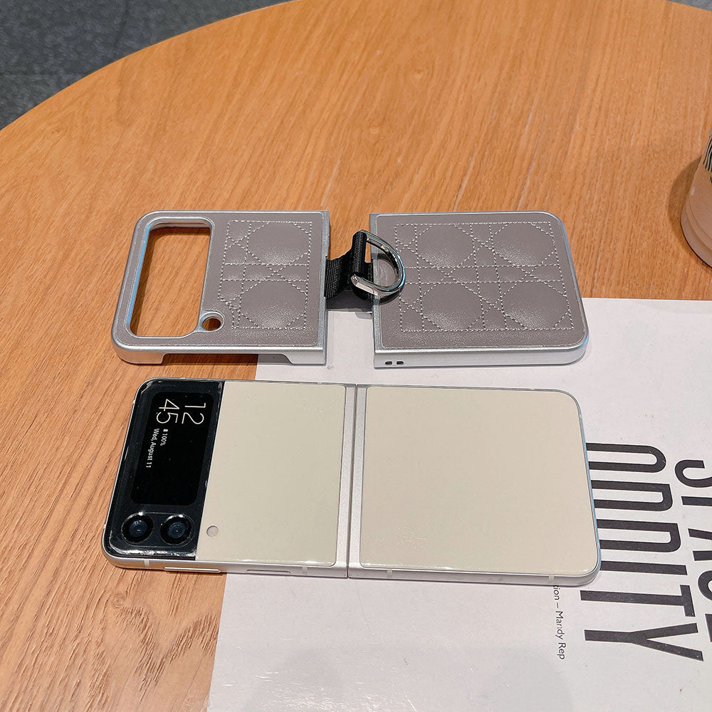 Ring Buckle Folding Screen Rhombus Leather Phone Case For Samsung Galaxy Flip5 Flip4 Flip3