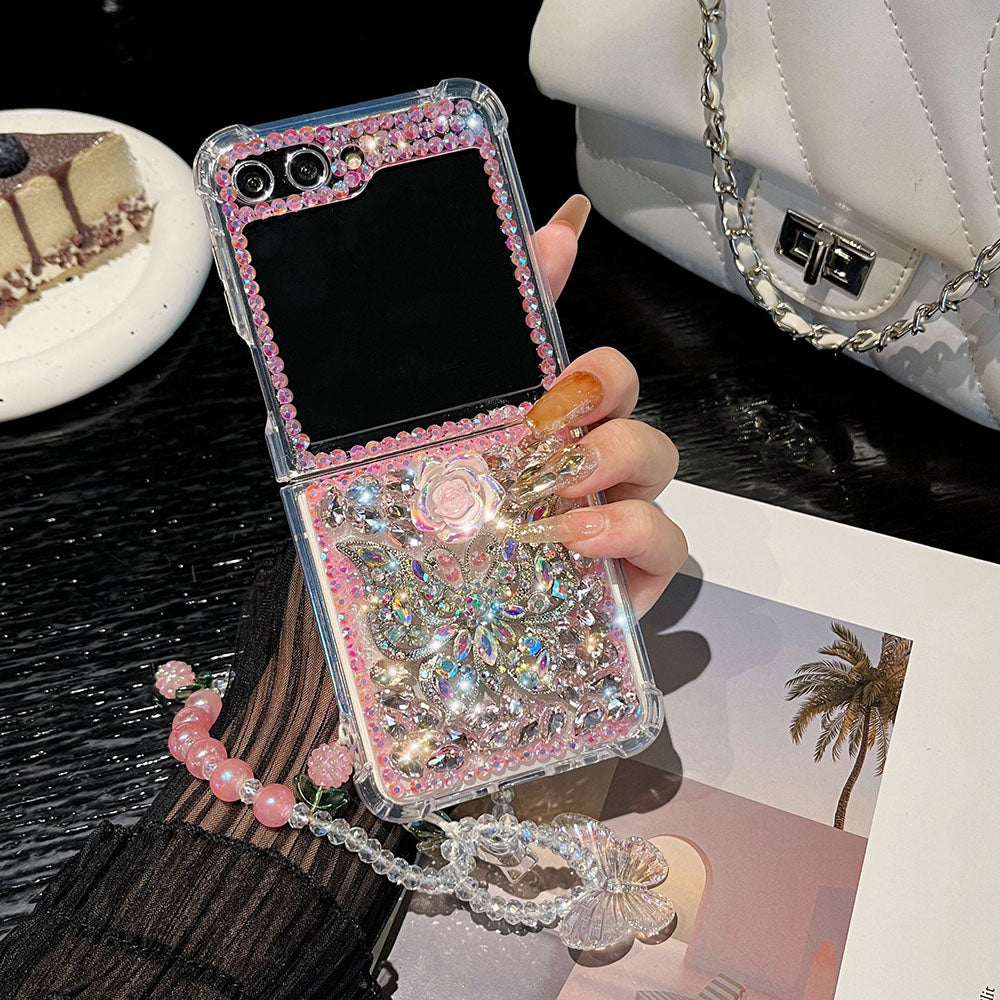 Shiny Diamond Butterfly All Covered Protective Bracelet Phone Case For Samsung Galaxy Z Flip5 Flip4 Flip3