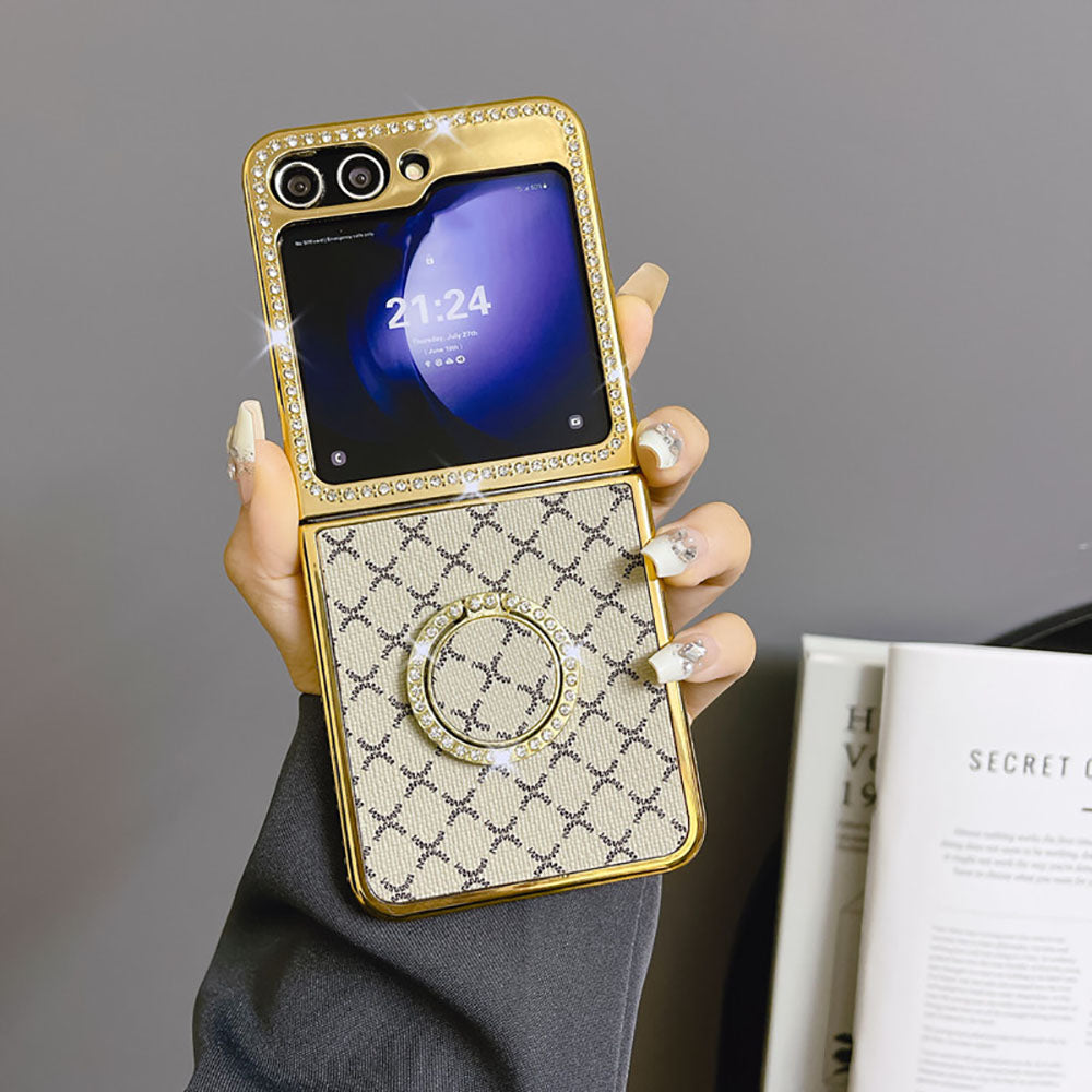 Electroplated Rhinestone Leather Pattern Phone Case For Samsung Galaxy Z Flip5 Flip4 Flip3
