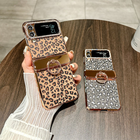 Leopard Print Electroplating Ring Stand Phone Case For Samsung Galaxy Z Flip