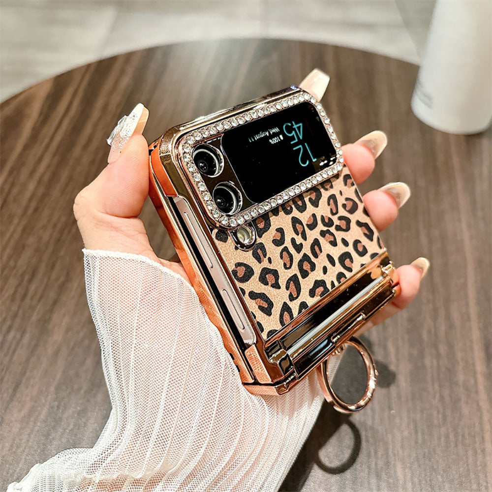 Leopard Print Electroplating Ring Stand Phone Case For Samsung Galaxy Z Flip