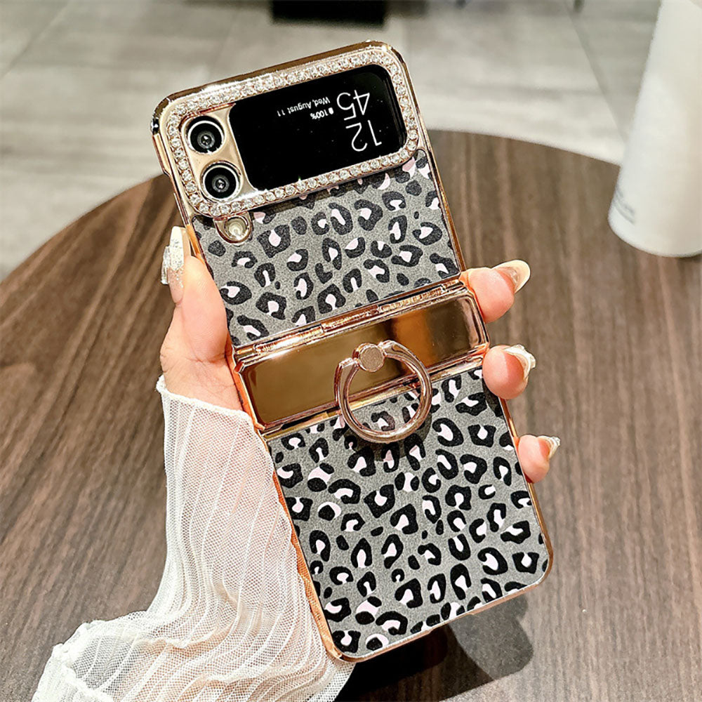 Leopard Print Electroplating Ring Stand Phone Case For Samsung Galaxy Z Flip