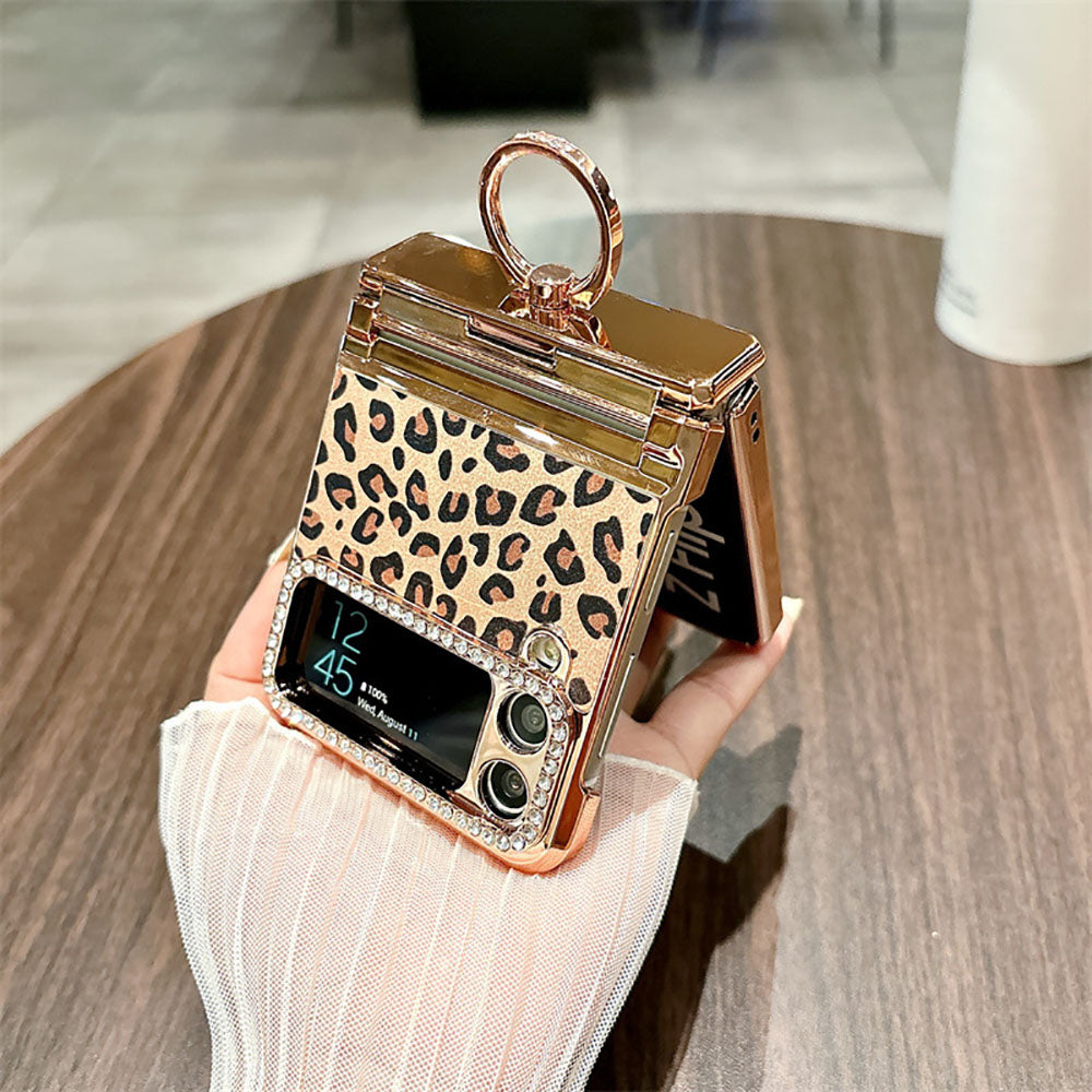 Leopard Print Electroplating Ring Stand Phone Case For Samsung Galaxy Z Flip