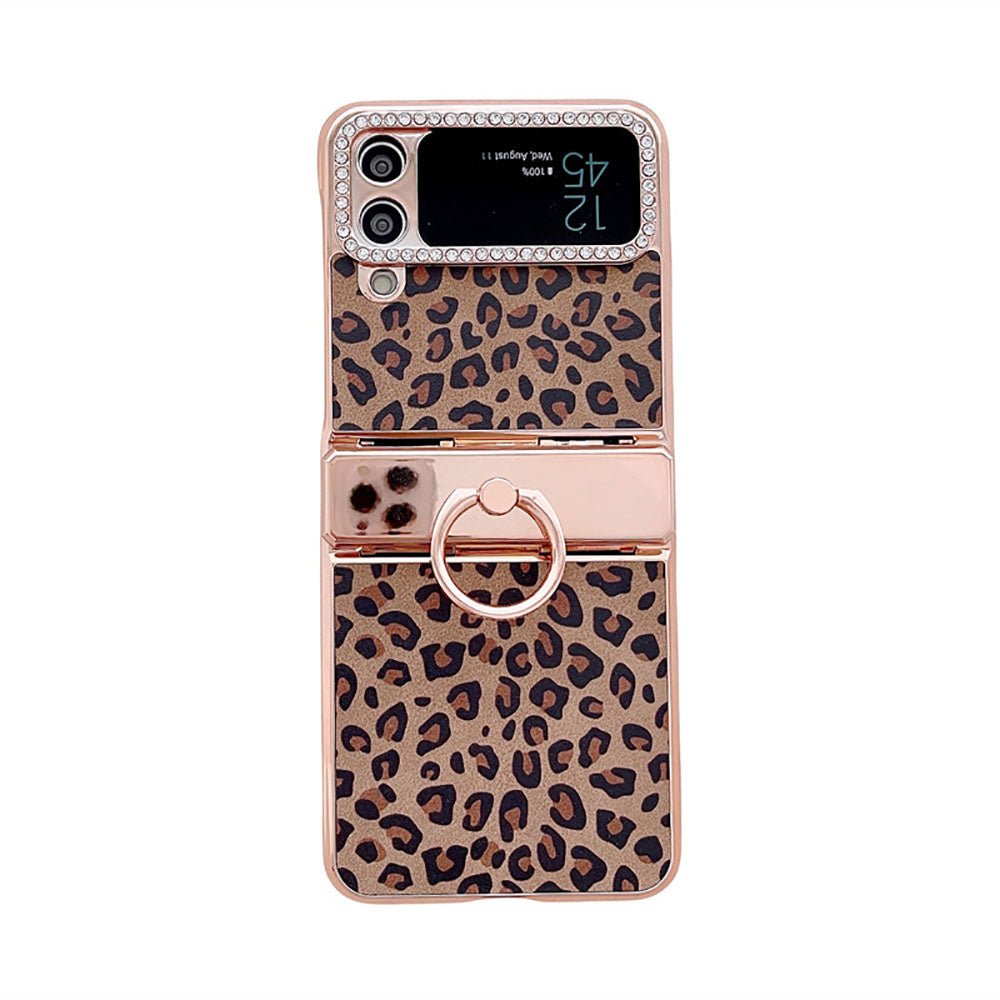 Leopard Print Electroplating Ring Stand Phone Case For Samsung Galaxy Z Flip