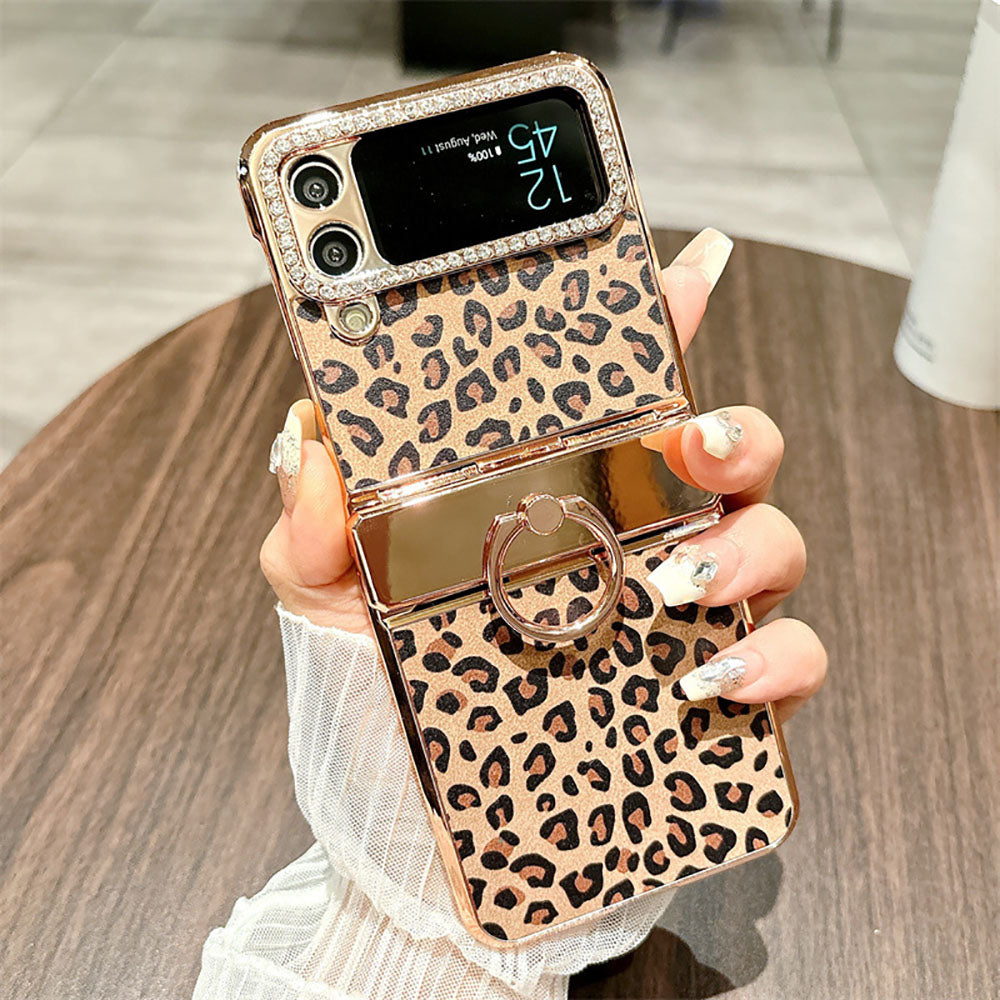 Leopard Print Electroplating Ring Stand Phone Case For Samsung Galaxy Z Flip