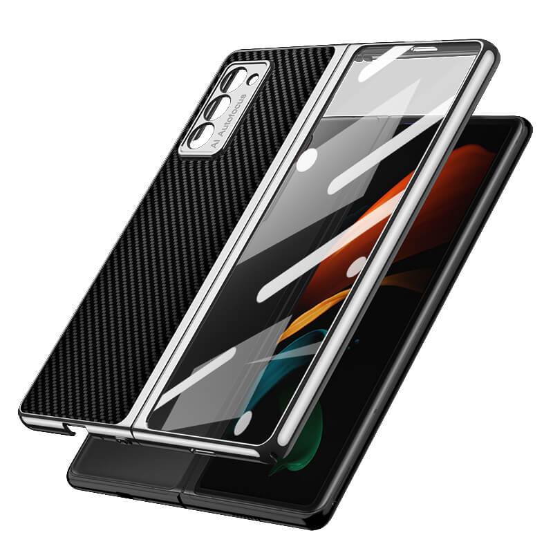 Leather Tempered Glass Case For Samsung Galaxy Z Fold 2 Luxury Carbon Fiber Plating Cover With Screen - GiftJupiter