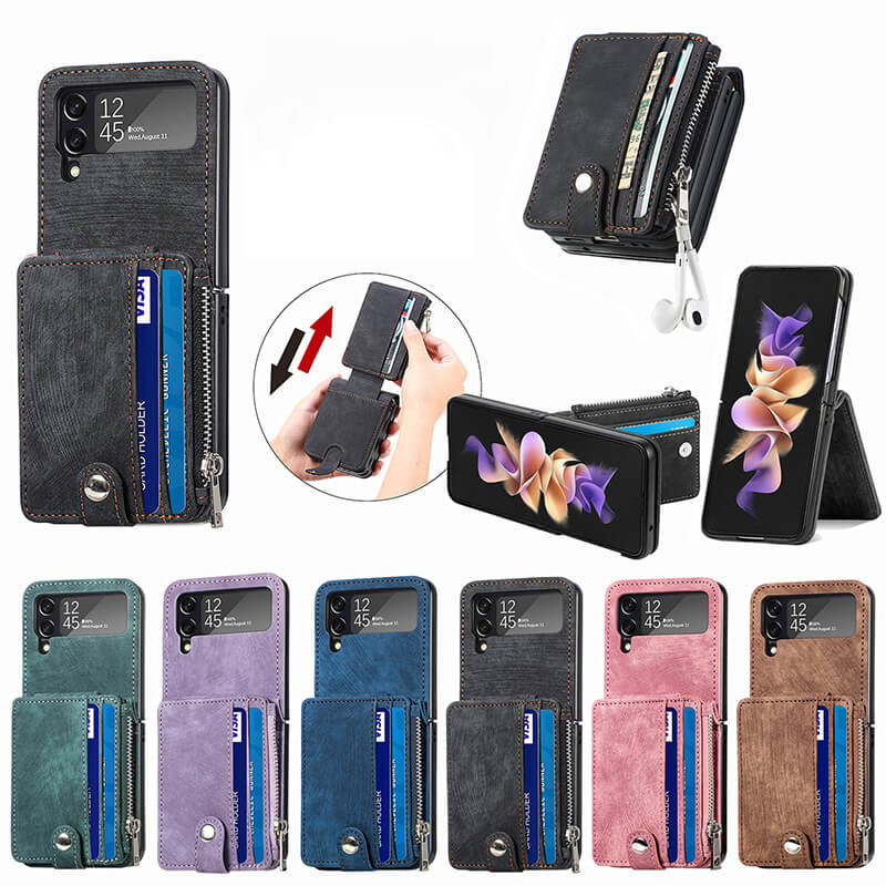 Wallet Case For Samsung Galaxy Z Flip4 Flip3 with Detachable Card Slot Kickstand Zipper - GiftJupiter