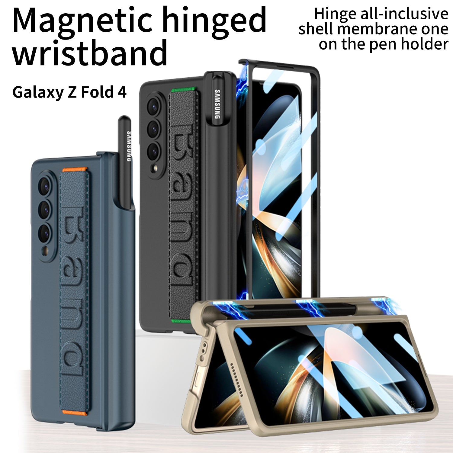 Magnetic Hinge S Pen Slot Luxury Wristband Holder Phone Case For Samsung Galaxy Z Fold4 Fold3 5G Case With Back Screen Glass Protector - GiftJupiter