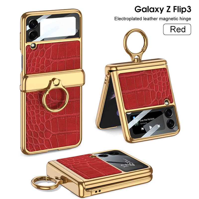 Electroplated Leather Magnetic Hinge Ring Holder Case For Samsung Galaxy Z Flip3 Flip4 - GiftJupiter