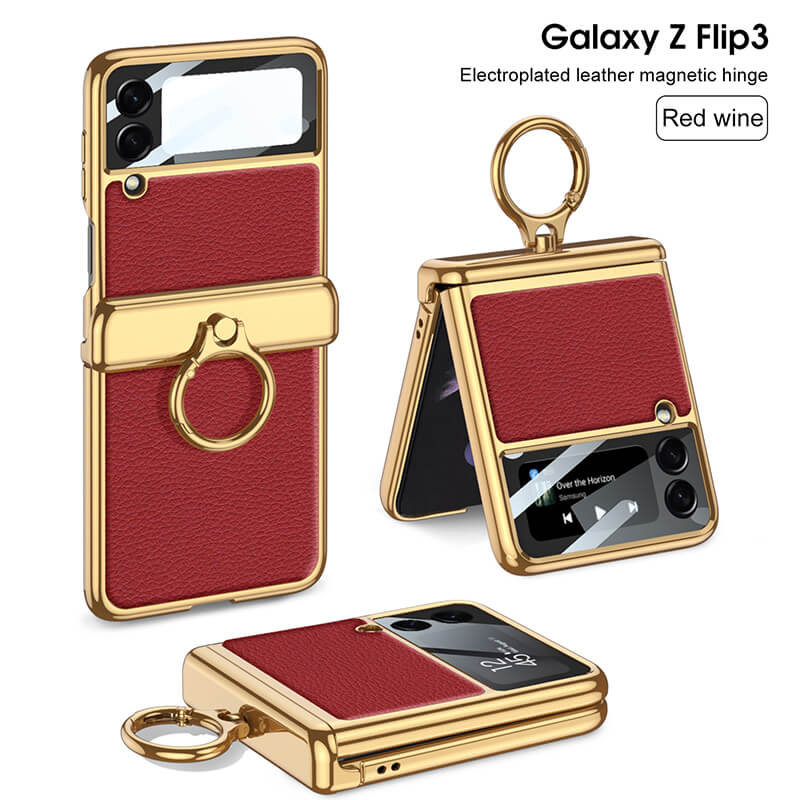 Electroplated Leather Magnetic Hinge Ring Holder Case For Samsung Galaxy Z Flip3 Flip4 - GiftJupiter