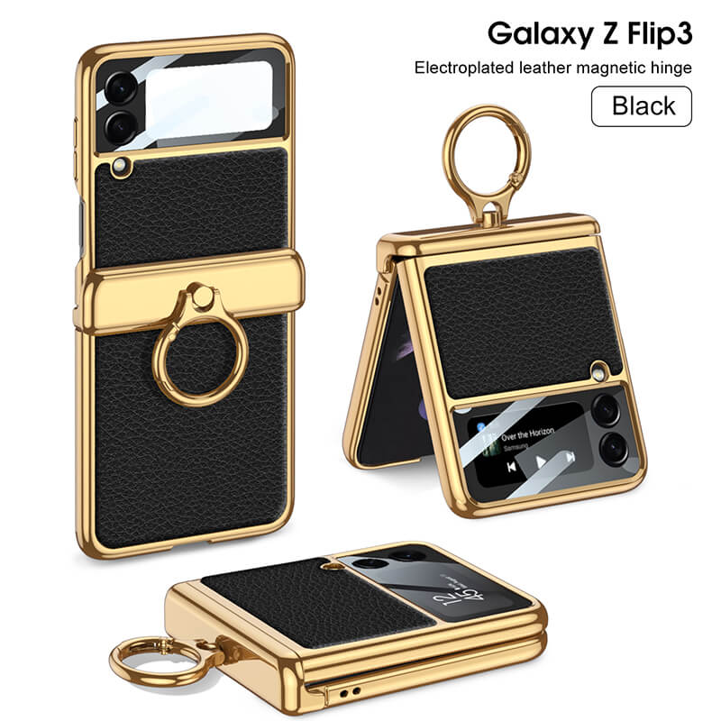 Electroplated Leather Magnetic Hinge Ring Holder Case For Samsung Galaxy Z Flip3 Flip4 - GiftJupiter