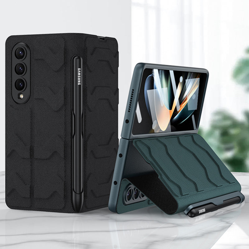 Leather Pen Holder Armor Case with Screen Protector For Samsung Galaxy Z Fold 4 5G - GiftJupiter