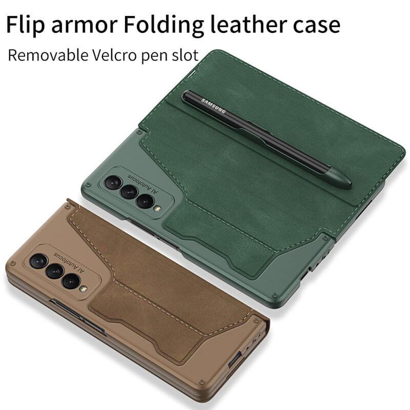 Leather Pen Holder Armor Back Case For Samsung Galaxy Z Fold4 Fold3 5G - GiftJupiter