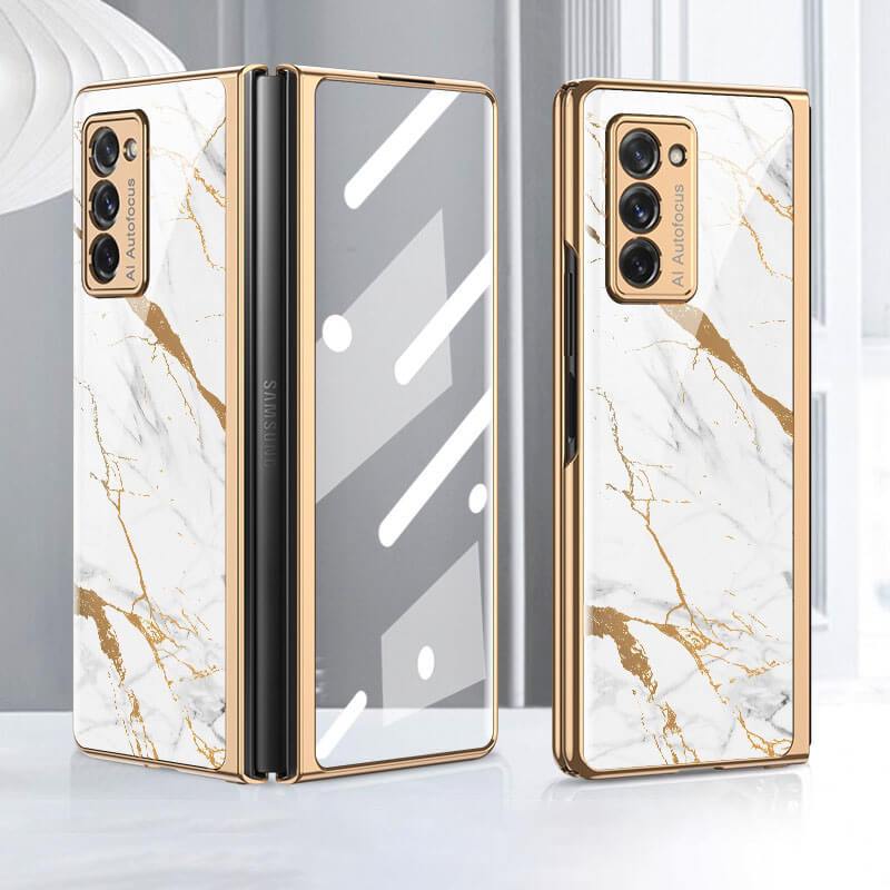 Leather Tempered Glass Case For Samsung Galaxy Z Fold 2 Luxury Carbon Fiber Plating Cover With Screen - GiftJupiter