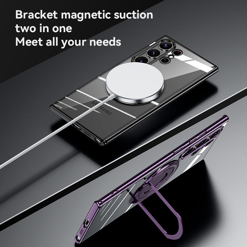Magnetic Suction Bracket Electroplated Clear Protective Phone Case For Samsung Galaxy S24 S23 Ultra Plus