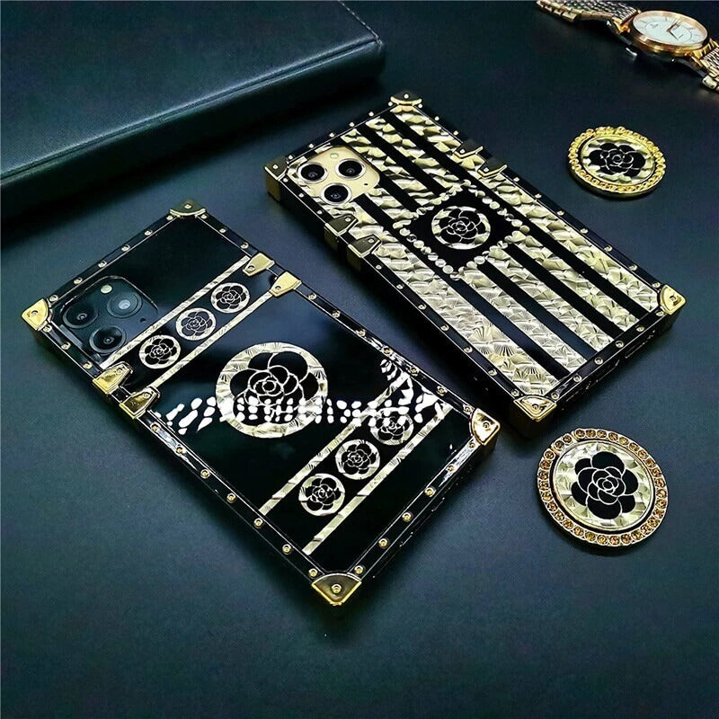 2021 Luxury Brand Black Rose Flower Stripe Glitter Gold Square iPhone Case - GiftJupiter