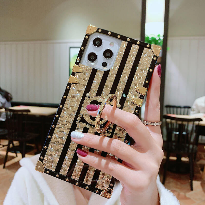 2021 Luxury Brand Black Rose Flower Stripe Glitter Gold Square Case For iPhone & Samsung - GiftJupiter