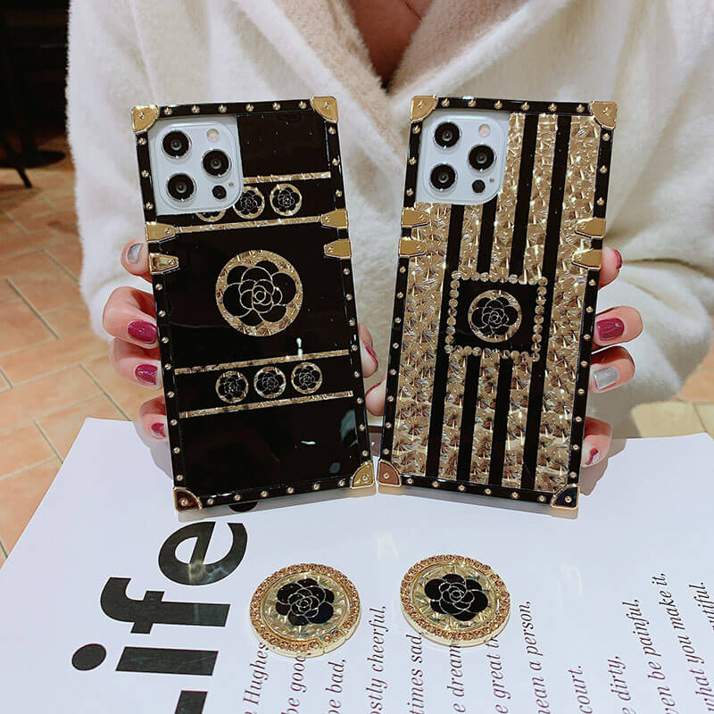 2021 Luxury Brand Black Rose Flower Stripe Glitter Gold Square Case For iPhone & Samsung - GiftJupiter