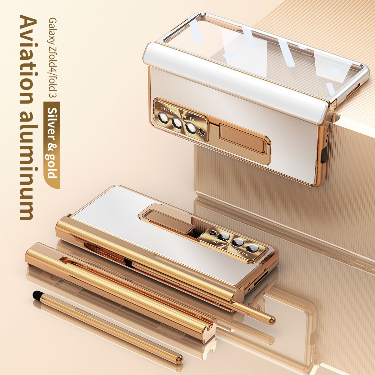 Fold4 Fold3 All-inclusive Aluminum Alloy Double-Hinge Electroplated Frame Case With Stylus - GiftJupiter