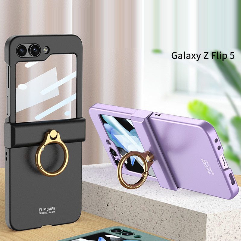 Electroplated hinge all-inclusive Case with Ring Front Screen Tempered Glass Protective Film For Samsung Galaxy Z Flip5 - mycasety2023 Mycasety