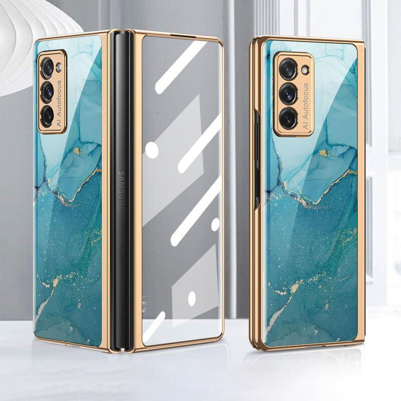 Leather Tempered Glass Case For Samsung Galaxy Z Fold 2 Luxury Carbon Fiber Plating Cover With Screen - GiftJupiter