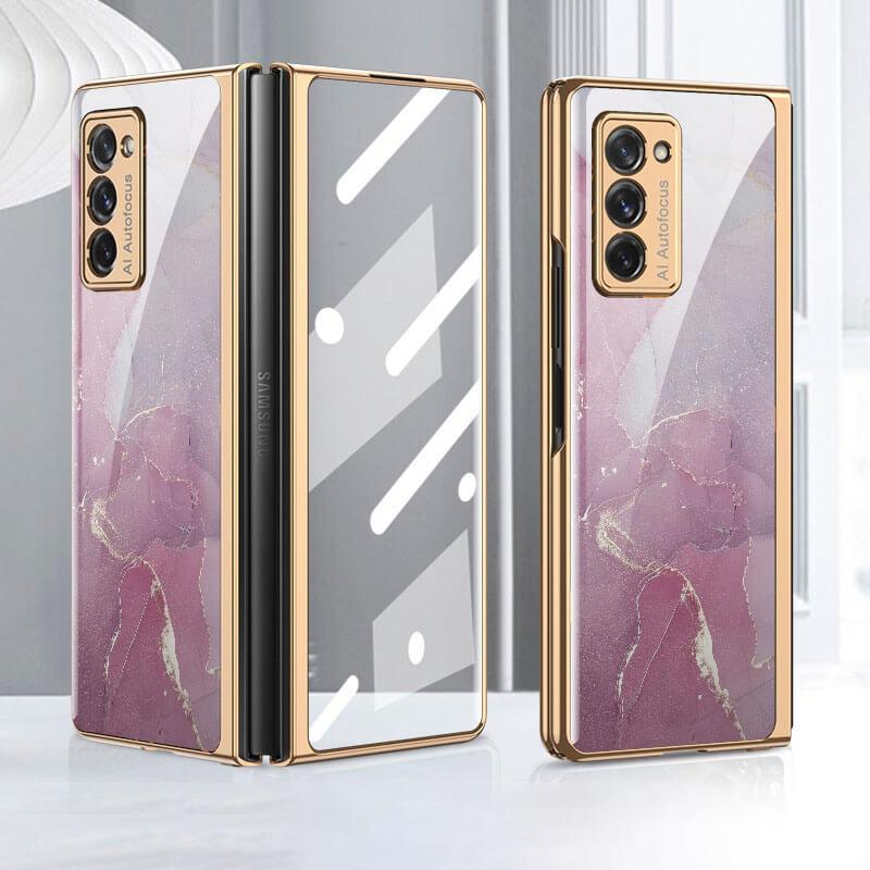 Leather Tempered Glass Case For Samsung Galaxy Z Fold 2 Luxury Carbon Fiber Plating Cover With Screen - GiftJupiter