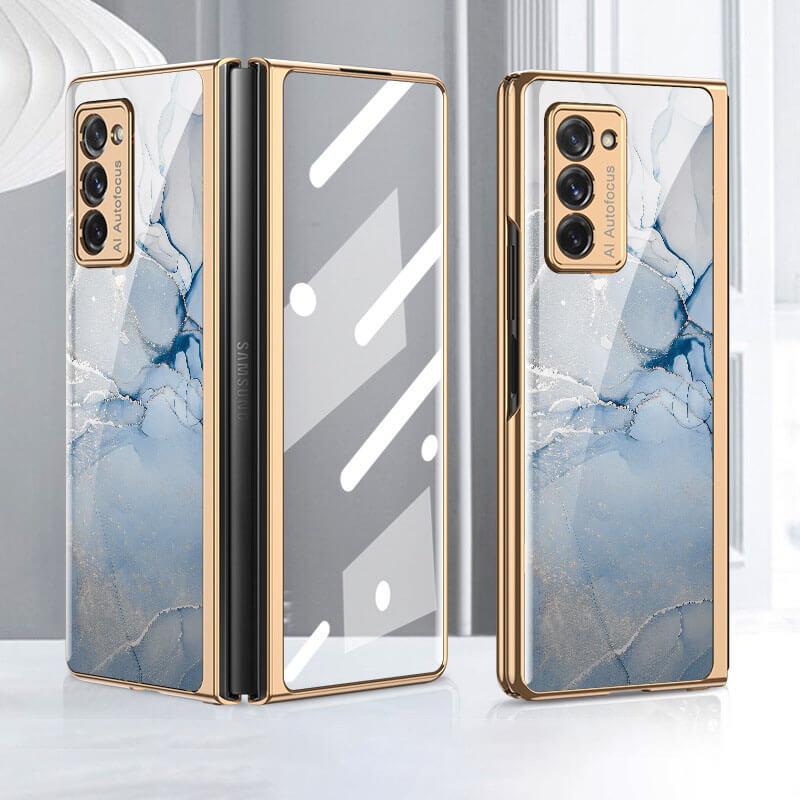 Leather Tempered Glass Case For Samsung Galaxy Z Fold 2 Luxury Carbon Fiber Plating Cover With Screen - GiftJupiter