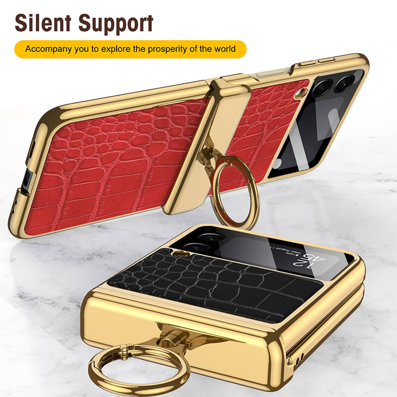 Electroplated Leather Magnetic Hinge Ring Holder Case For Samsung Galaxy Z Flip3 Flip4 - GiftJupiter