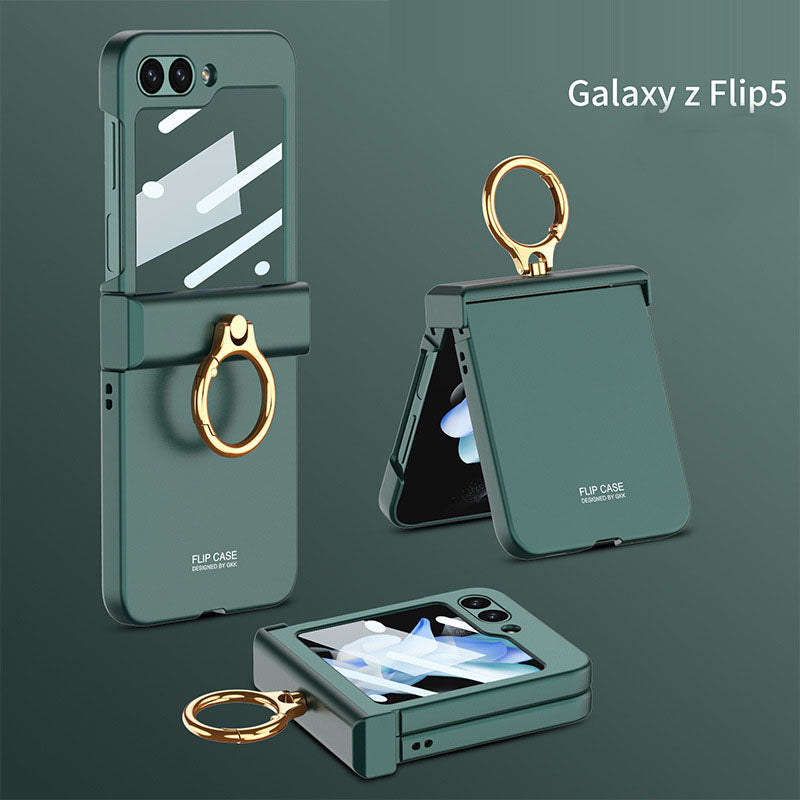 Electroplated hinge all-inclusive Case with Ring Front Screen Tempered Glass Protective Film For Samsung Galaxy Z Flip5 - mycasety2023 Mycasety